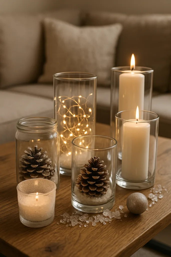 Winterdeko für den Couchtisch mit Gläsern, Kerzen, Zapfen und warmem Licht
