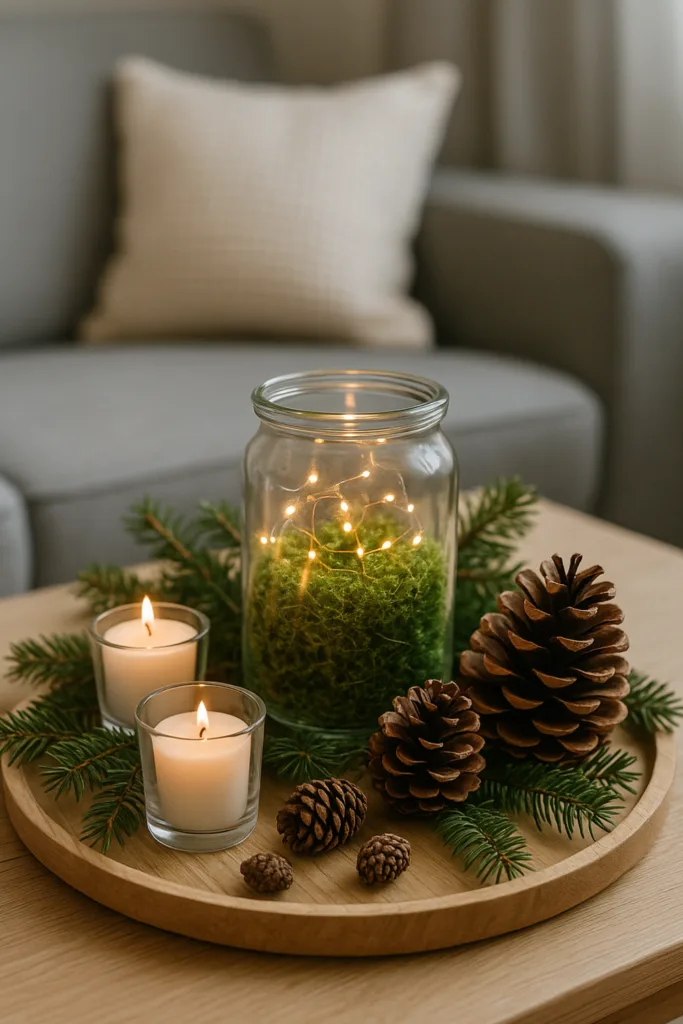 Winterdeko für den Couchtisch mit Holztablett, Moos, Kerzen und Tannenzapfen