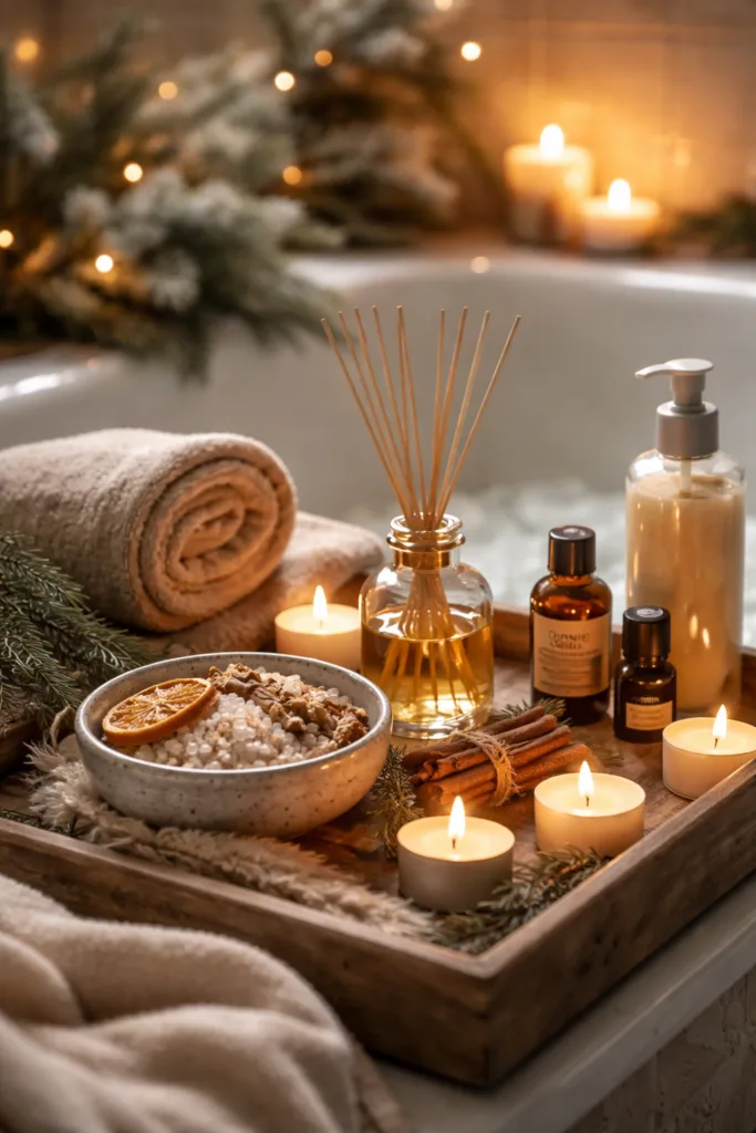 Winterdeko im Badezimmer mit Kerzen, Duftölen und warmem Licht