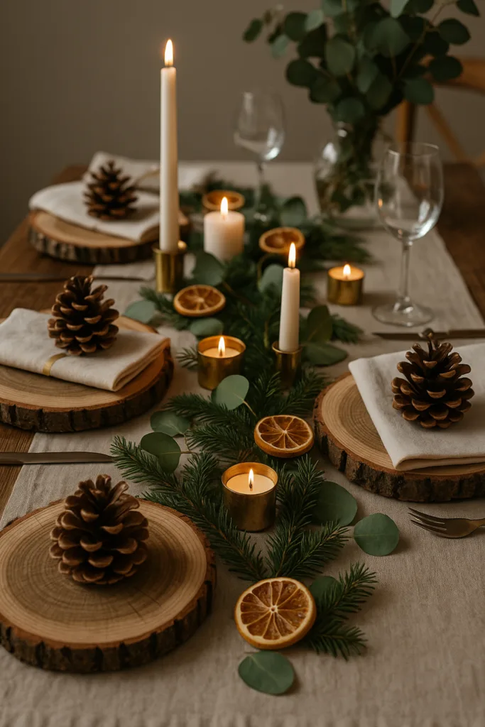 Silvesterdeko für den Esstisch mit Naturmaterialien, Holzscheiben, Tannenzweigen und Kerzen