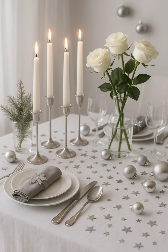 Weiß-silberne Silvesterdeko auf dem Esstisch mit Kerzen und Blumen
