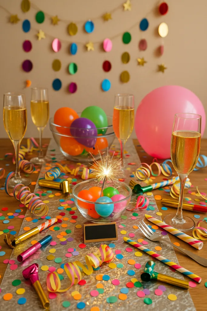 Bunte Silvesterdeko auf dem Esstisch mit Konfetti, Luftschlangen und Kerzen