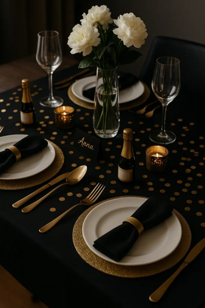 Elegante Silvesterdeko in Gold und Schwarz mit Kerzen und Gläsern auf dem Esstisch