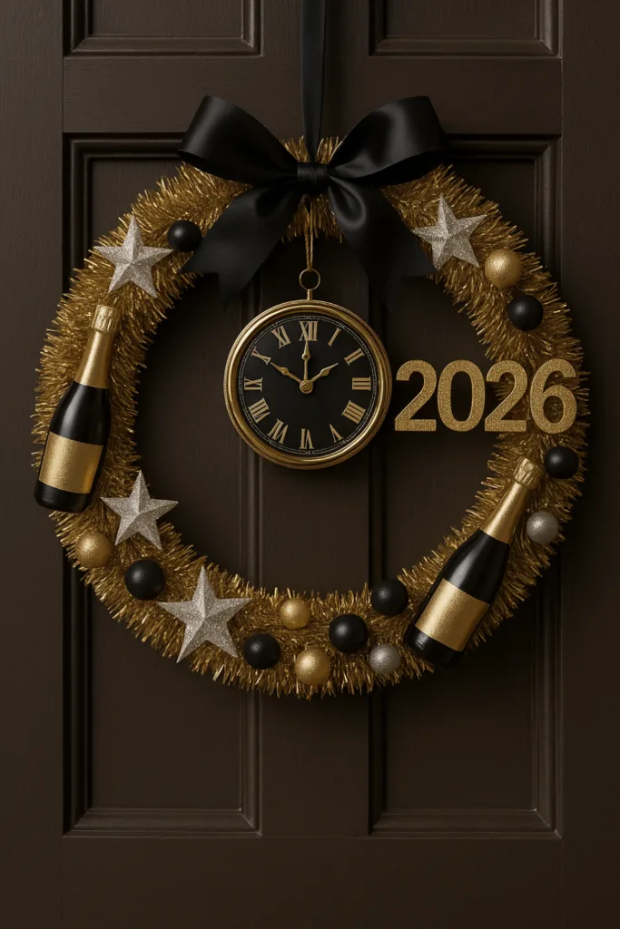 Schwarze Haustür mit goldener Silvesterdeko und großer Schleife für 2026