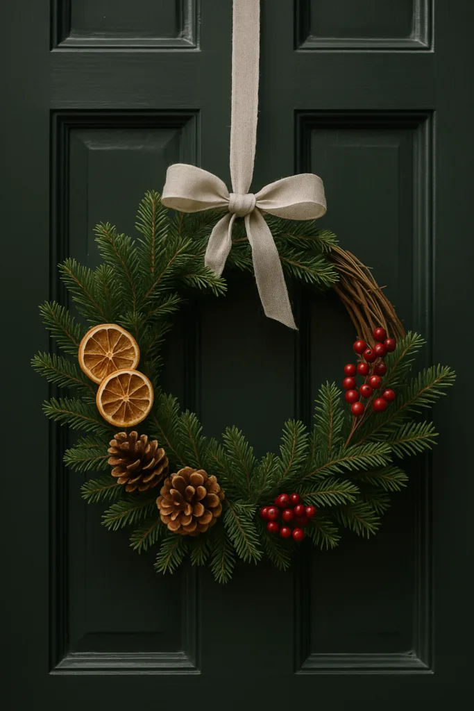 Winterdeko Haustür mit grünem Kranz aus Tannenzweigen, Zapfen und roten Beeren
