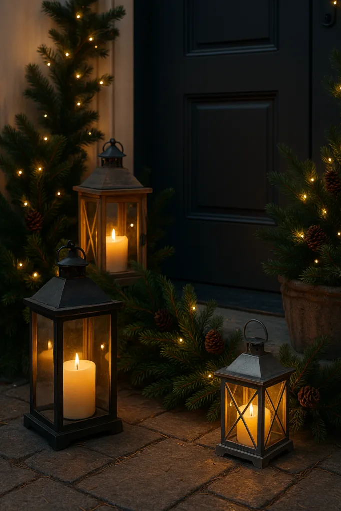 Winterdeko Haustür mit Laternen, Tannenzweigen und warmem LED-Licht bei Schnee