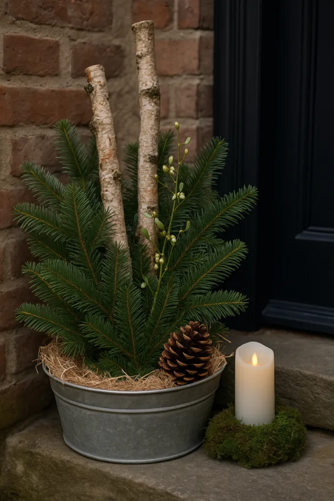 Korb mit Tannengrün, Zapfen und Laterne als Winterdeko für die Haustür
