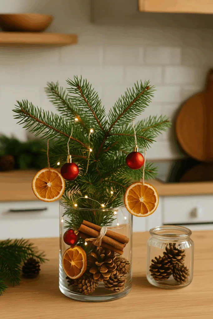 Natürliche Weihnachtsdeko in offener Küche mit Tannenzweigen, Zimt, Orangenscheiben und Lichterkette