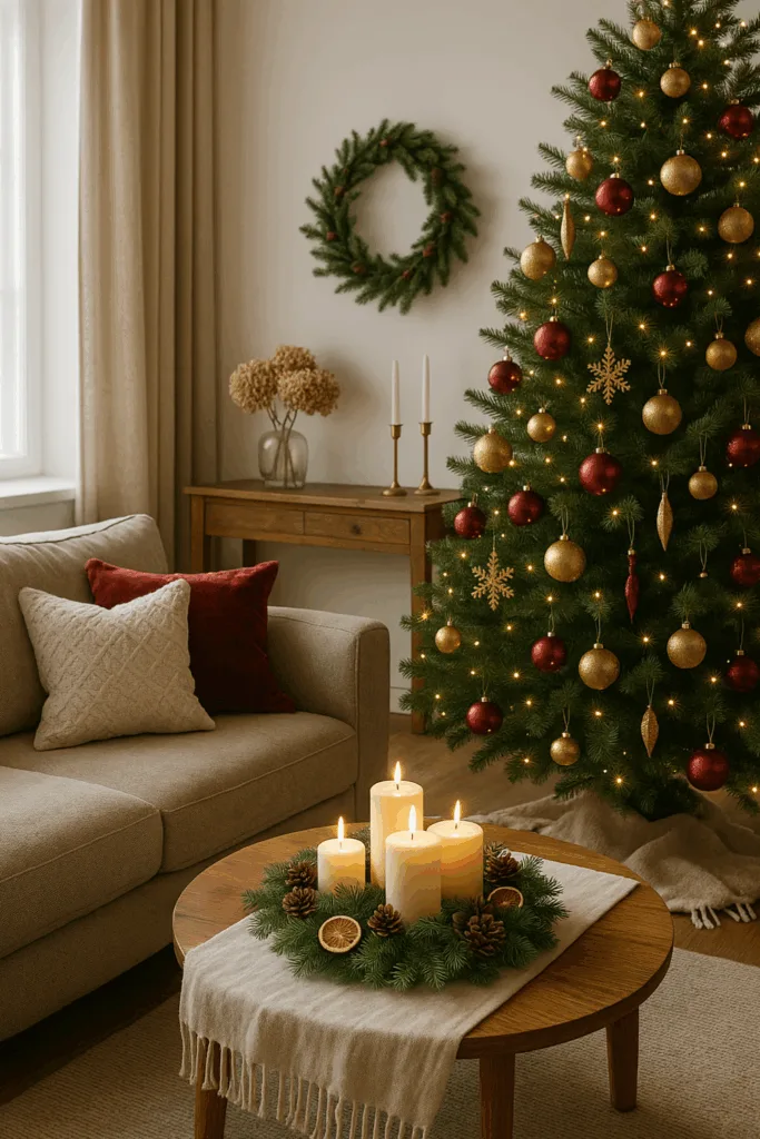 Großes Wohnzimmer mit Weihnachtsdeko in Weiß, Beige und Gold, gemütlich beleuchtet