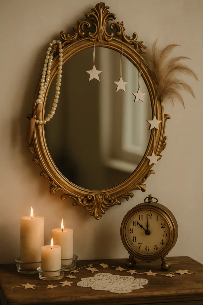 Vintage Silvesterdeko für den Spiegel mit goldener Uhr, Kerzen und Papiersternen