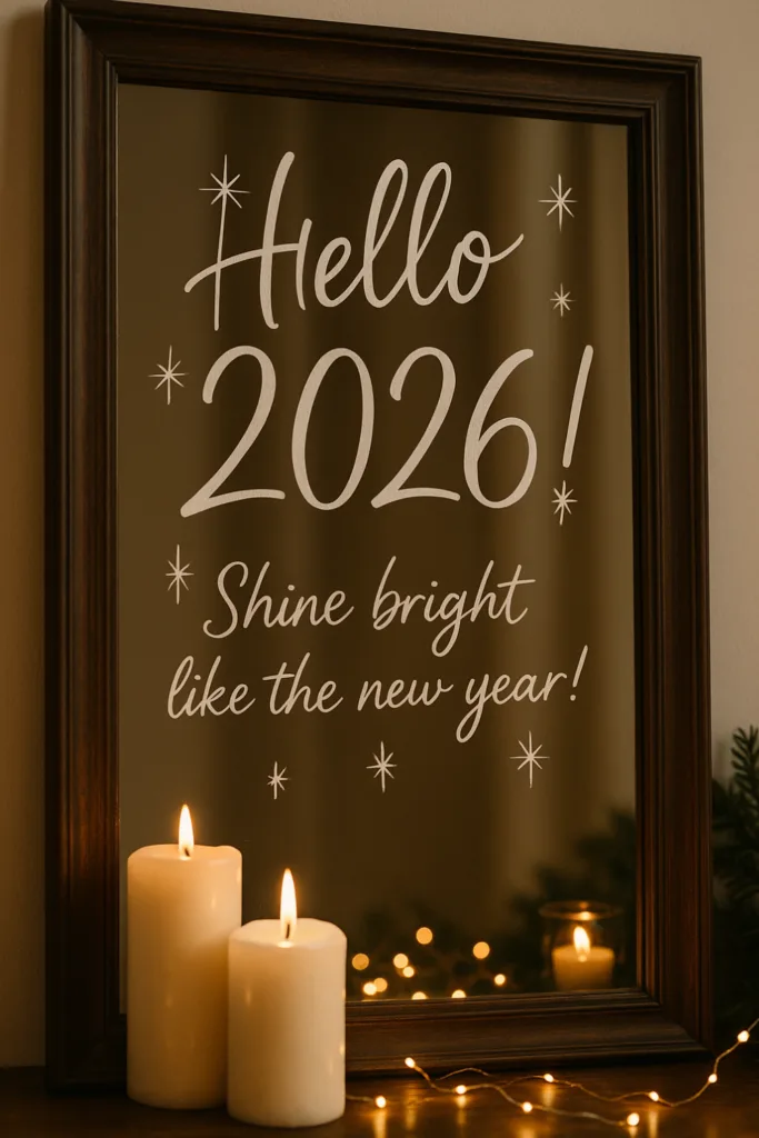 Silvesterdeko für den Spiegel mit Kerzen, Lichterglanz und „Hello 2026“-Schriftzug