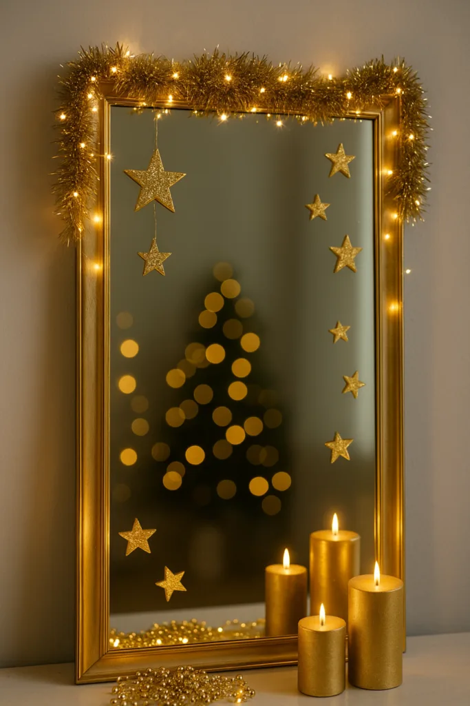 Goldene Silvesterdeko mit Kerzen und Spiegelrahmen in festlichem Glitzer-Look