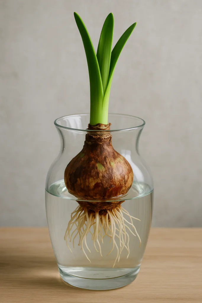Amarillys Deko im Glas, minimalistisch arrangiert mit Wasser, freier Zwiebel und sichtbaren Wurzeln