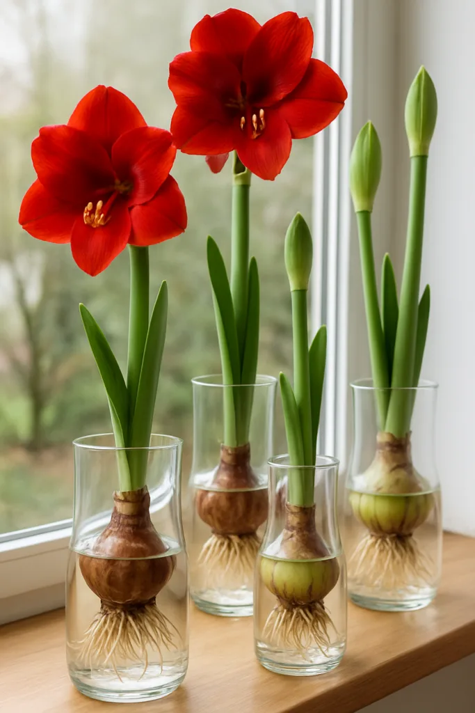 Amarillys Deko im Glas auf der Fensterbank, mehrere Glasgefäße mit blühenden Amarillys als Wohnraum-Deko