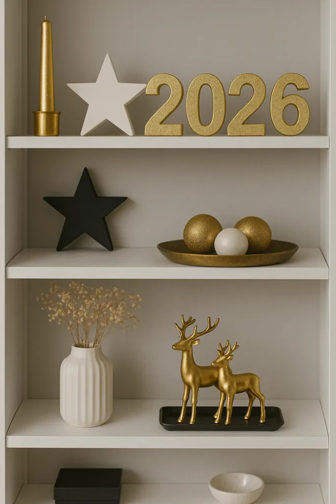 Silvesterdeko für das Regal in Gold, Schwarz und Weiß mit Jahreszahl 2026 und festlicher Dekoration