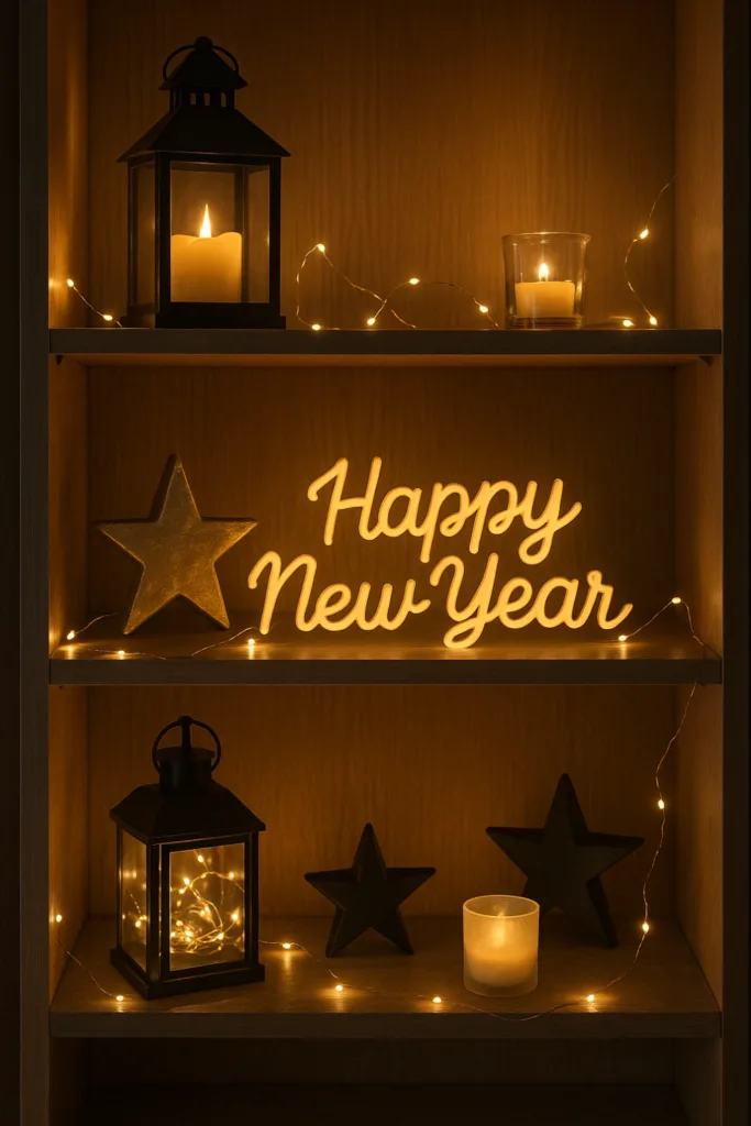 Silvesterdeko für das Regal mit warmen Lichtern, Kerzen und stimmungsvoller Beleuchtung zum Jahreswechsel