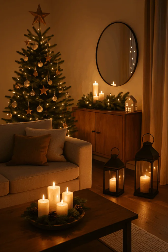 Weihnachtsdeko im großen Wohnzimmer mit Kerzen, Laternen und warmem Licht