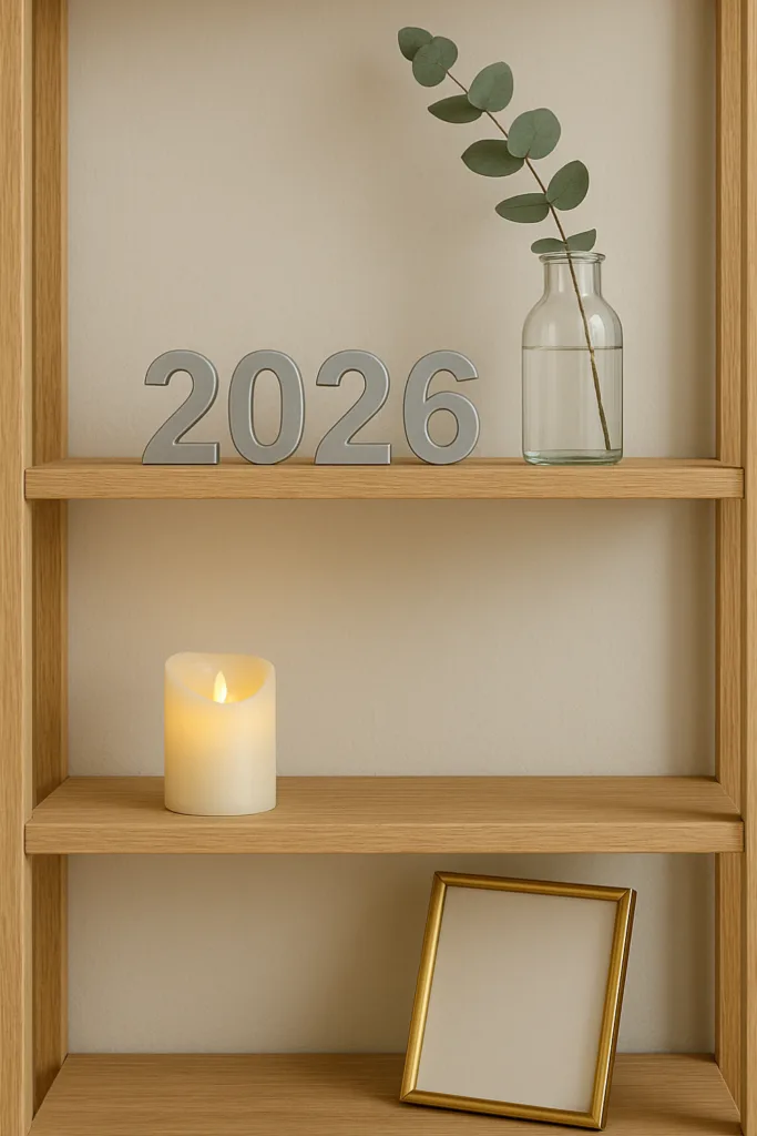 Minimalistische Silvesterdeko für das Regal mit Jahreszahl 2026, Kerze, Vase und natürlichem Holzregal