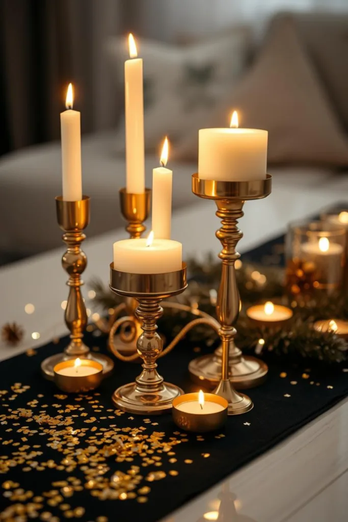 Silvesterdeko für den Wohnzimmertisch mit goldenen Kerzenständern, Teelichtern und festlichem Tischläufer