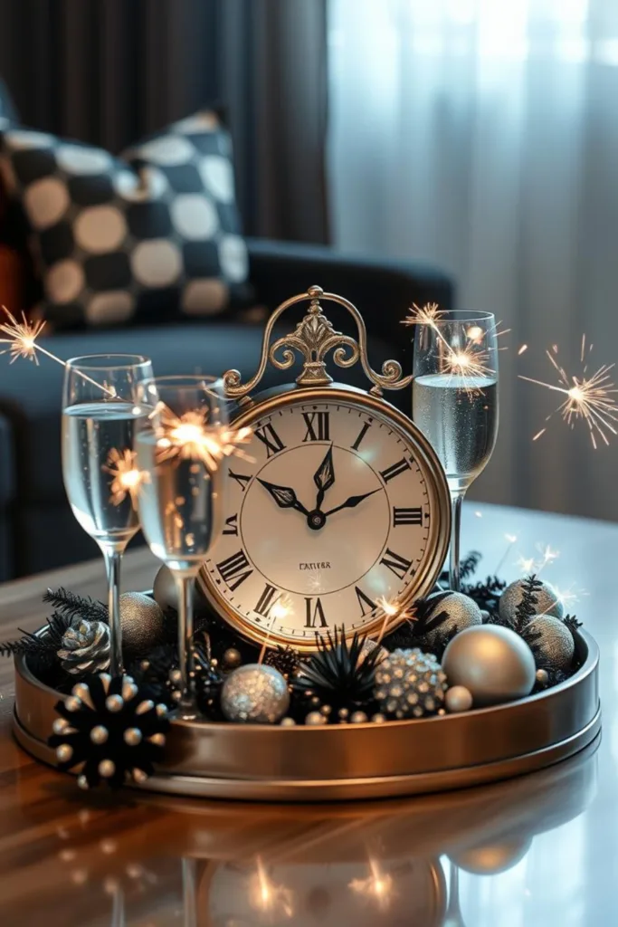 Silvesterdeko für den Wohnzimmertisch mit dekorativer Uhr, Sektgläsern und Wunderkerzen in festlicher Szene