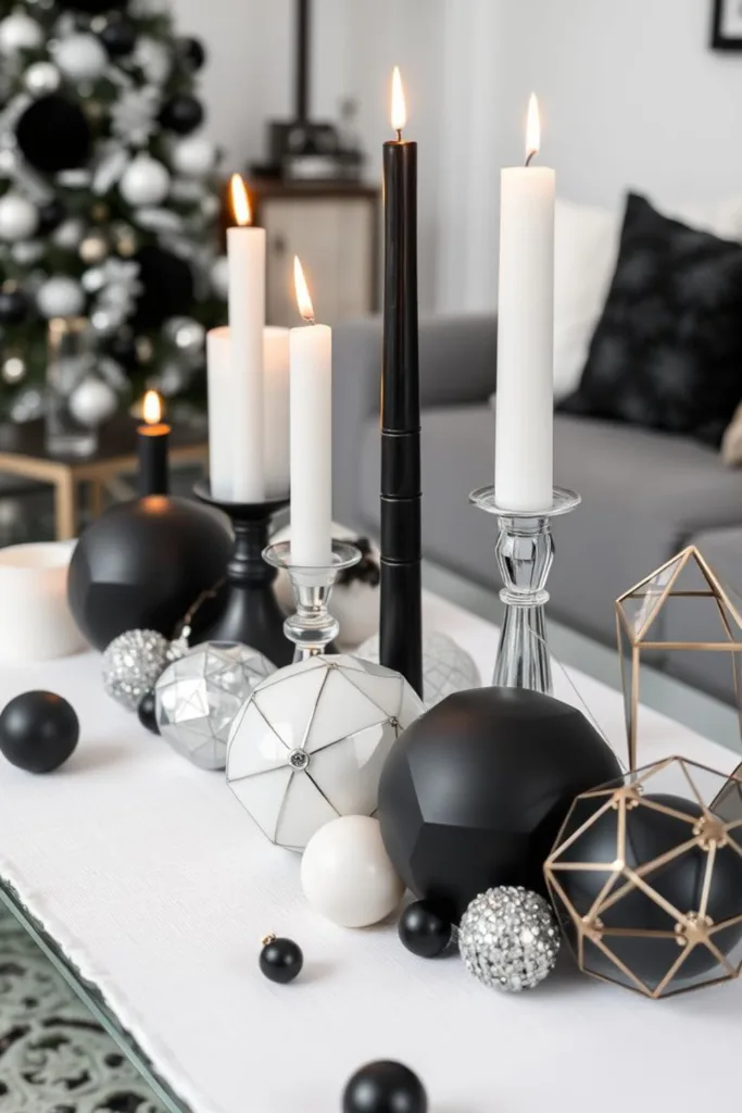 Silvesterdeko für den Wohnzimmertisch mit schwarzen und weißen Kerzen, geometrischer Deko und Kugeln