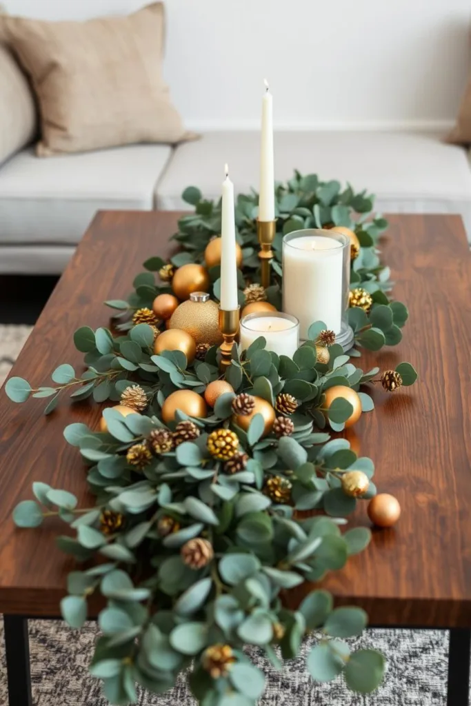 Silvesterdeko für den Wohnzimmertisch mit Eukalyptus, Kerzen, goldenen Kugeln und natürlicher Tischgestaltung