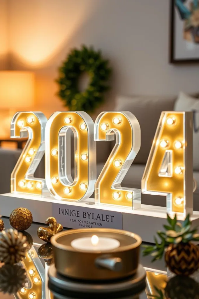 Silvesterdeko für den Wohnzimmertisch mit leuchtender Jahreszahl 2024, Kerzen und goldenen Dekoakzenten