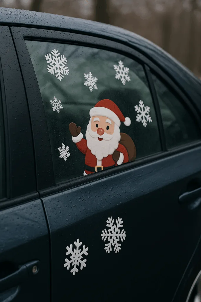 Auto mit Weihnachtsdeko, Magnetmotiven und Schneeflocken-Fensterbildern auf verschneitem Parkplatz