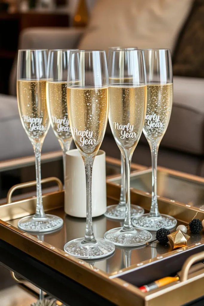 Silvesterdeko für den Wohnzimmertisch mit gefüllten Sektgläsern, Tablett, Kerze und goldenen Dekoakzenten