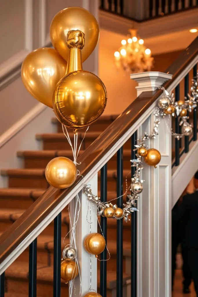Treppengeländer mit goldenen Ballons und silberner Girlande als Silvesterdeko