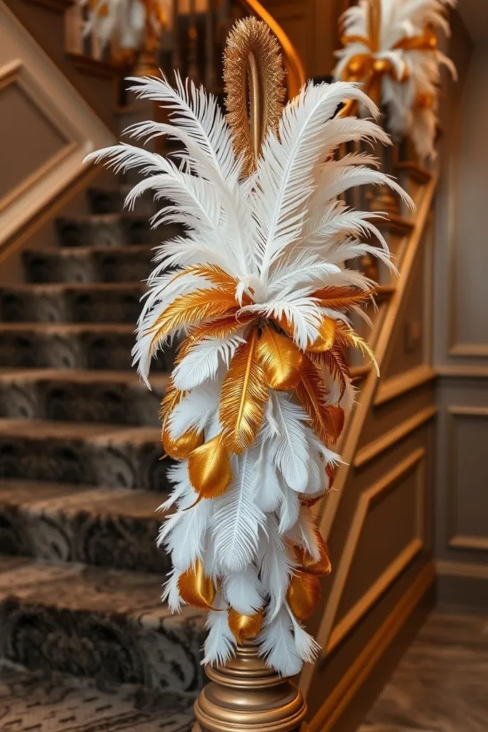 Treppengeländer mit weißen und goldenen Federn als elegante Silvesterdeko