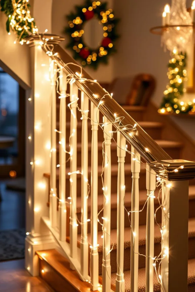 Treppengeländer mit warm leuchtenden Lichterketten als Silvesterdeko im Flur