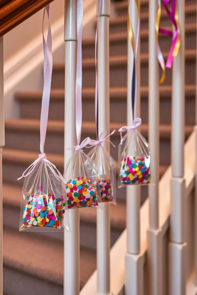 Treppengeländer mit bunten Konfetti-Tütchen und Schleifen als Silvesterdekoration