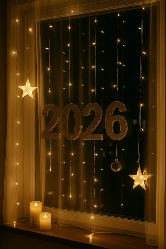 Silvesterdeko am Fenster mit Lichterkette, goldenen Zahlen und warmem Kerzenlicht