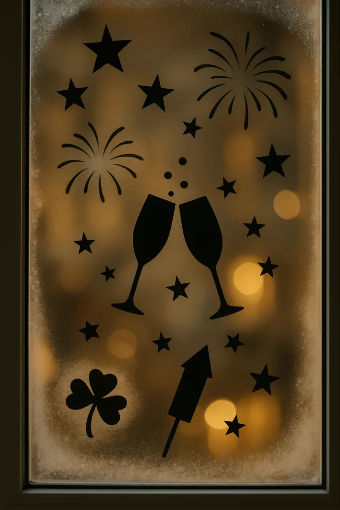 Fenster mit Silvesterdeko aus Papier – Sterne, Raketen und Gläser im Licht