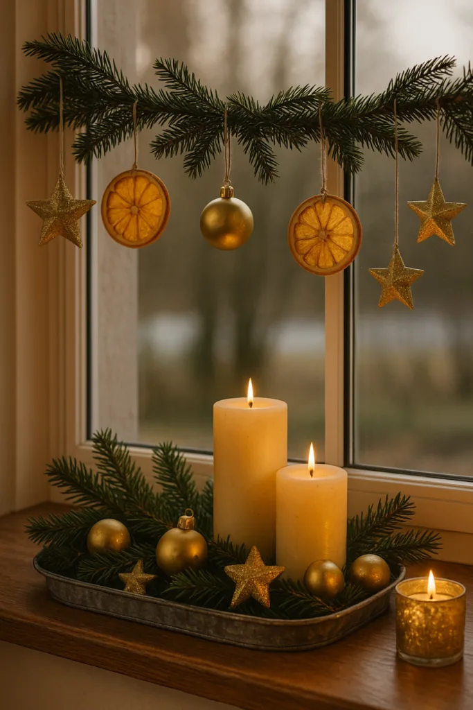 Fensterdeko zu Silvester mit Kerzen, Tannenzweigen, Goldsternen und Orangenscheiben