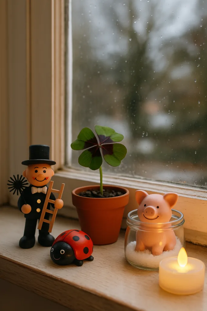 Silvesterdeko am Fenster mit Glücksschwein, Kleeblatt und Schornsteinfeger