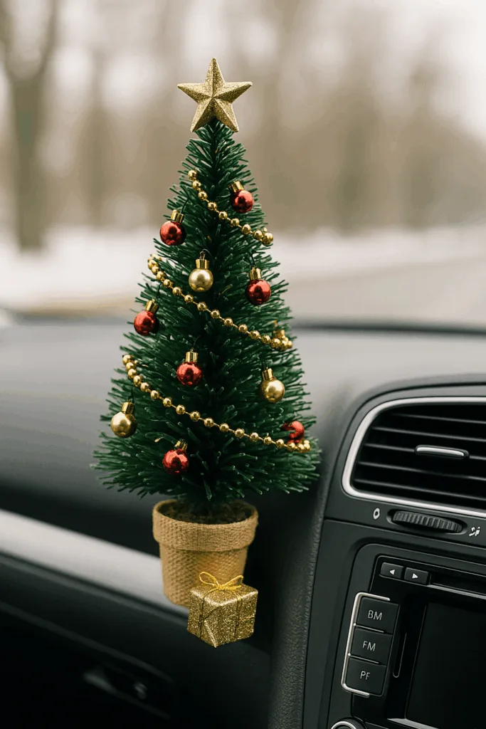 Kleiner geschmückter Weihnachtsbaum auf dem Armaturenbrett bringt Weihnachtsstimmung ins Auto