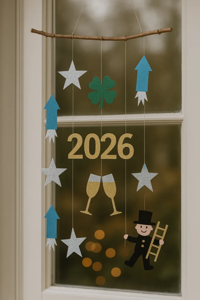 Silvester-Mobile am Fenster mit 2026, Sternen, Kleeblatt und Schornsteinfeger
