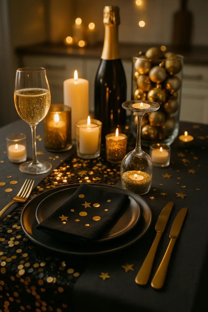 Elegante Silvesterdeko in der Küche mit Kerzen, Goldakzenten und festlich gedecktem Tisch