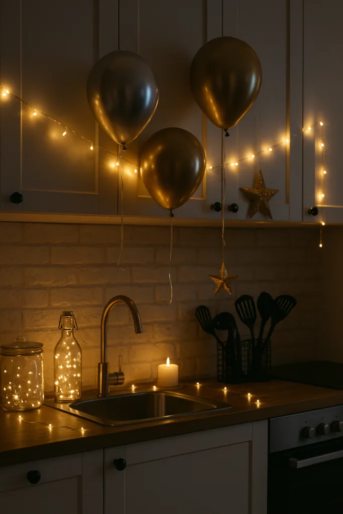 Gemütliche Küche mit goldener Silvesterdeko, Lichterkette und Kerzenlicht