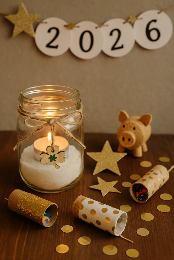 DIY-Silvesterdeko 2026 mit Kerzenglas, Glücksbringer und Goldsternen in der Küche
