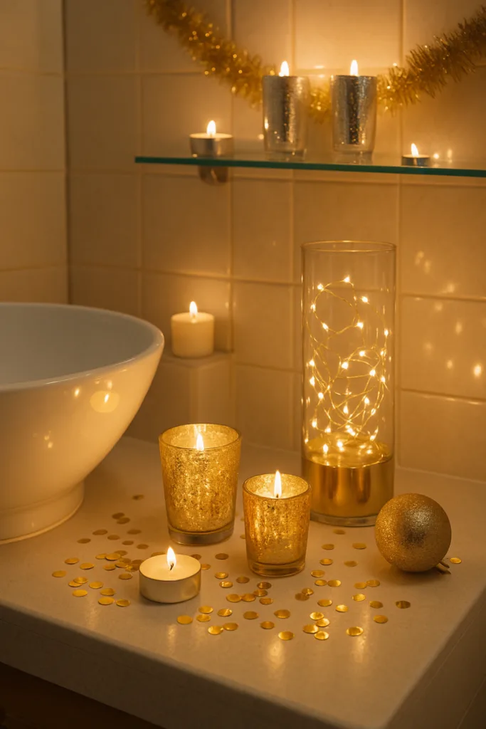 Goldene Silvesterdeko im Badezimmer mit Kerzen, Lichterkette und festlicher Stimmung