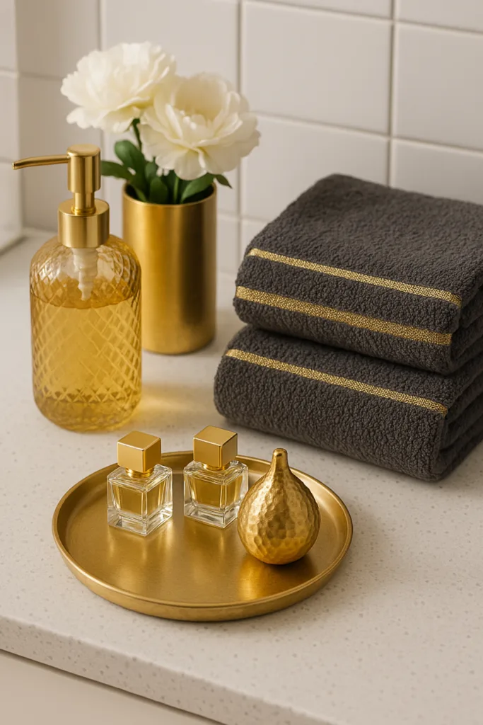 Goldene Handtücher und Accessoires als festliche Silvesterdeko im Badezimmer