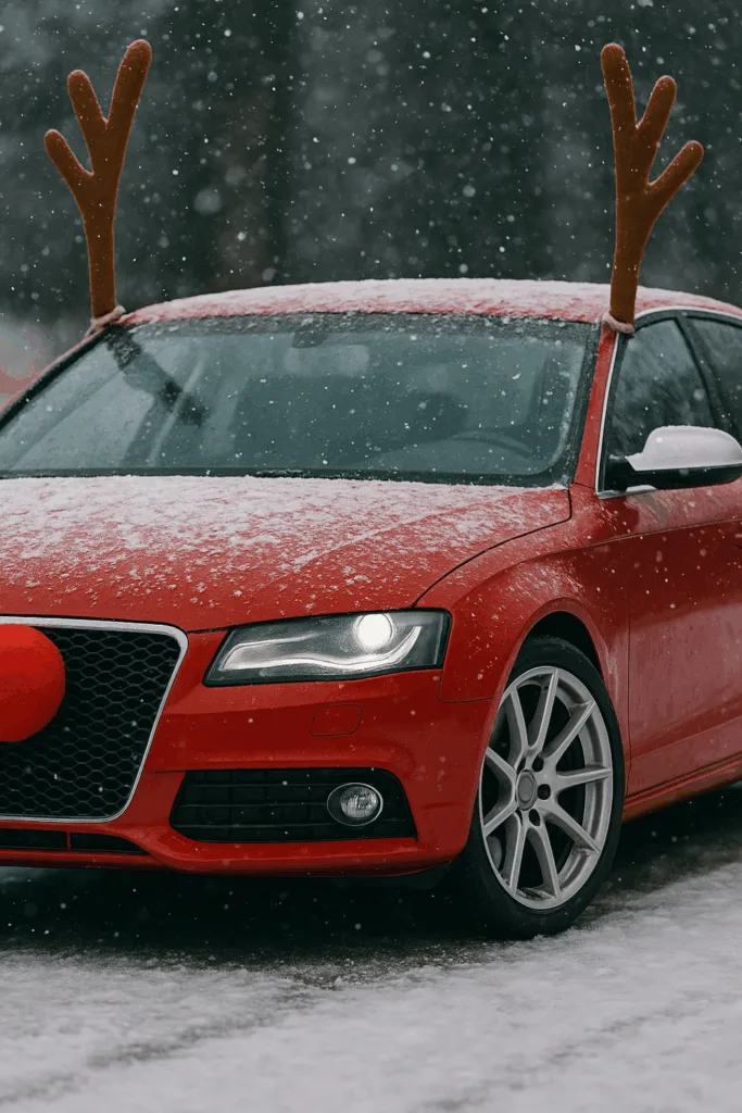 Rotes Auto mit Rentiergeweihen und roter Nase als Weihnachtsdeko im Schnee
