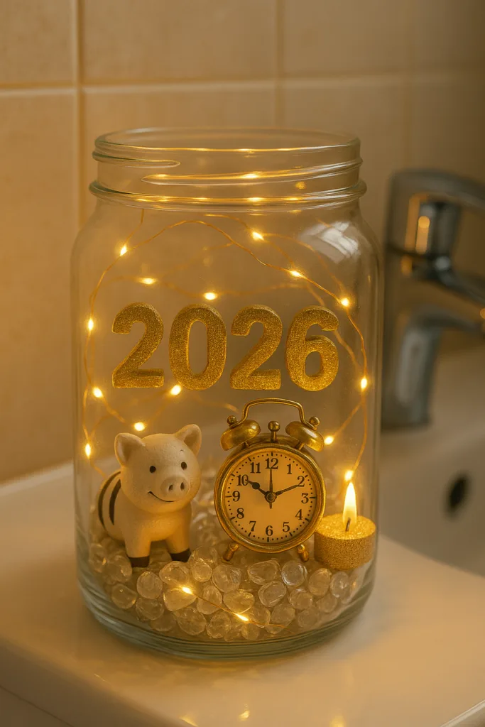 Silvesterdeko Glas mit Lichterkette, Uhr und Glücksschwein im Badezimmer
