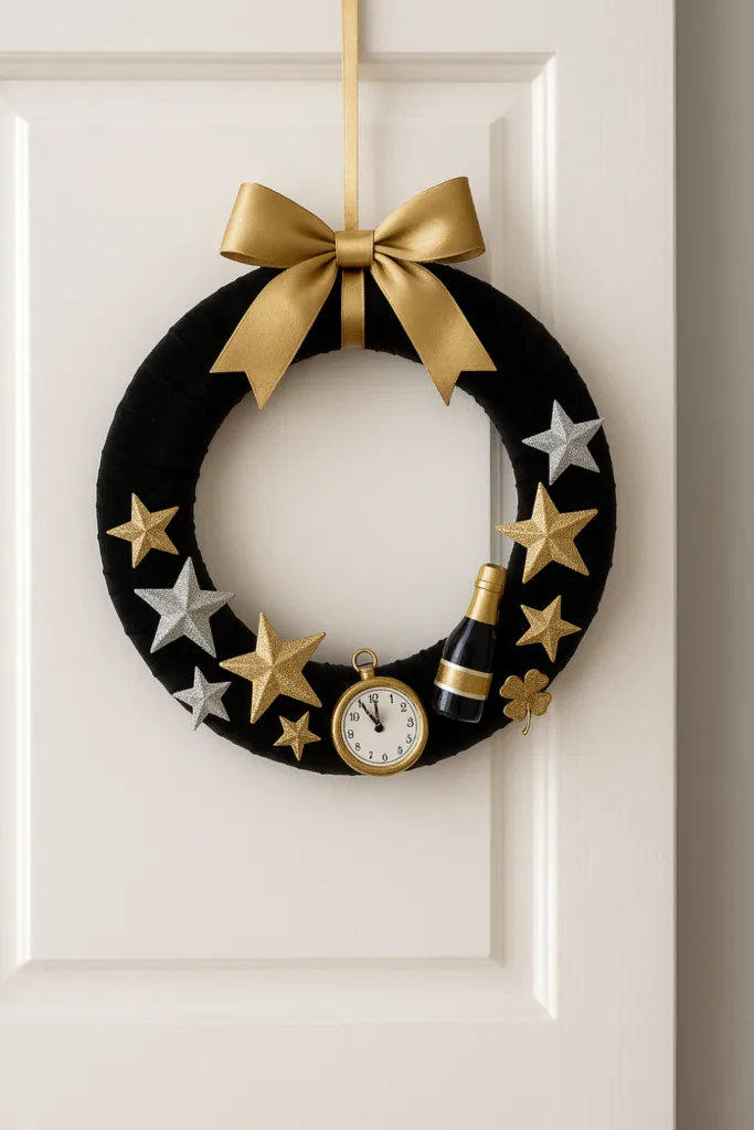 Silvesterdeko im Flur: Schwarzer Türkranz mit goldenen Sternen und Schleife