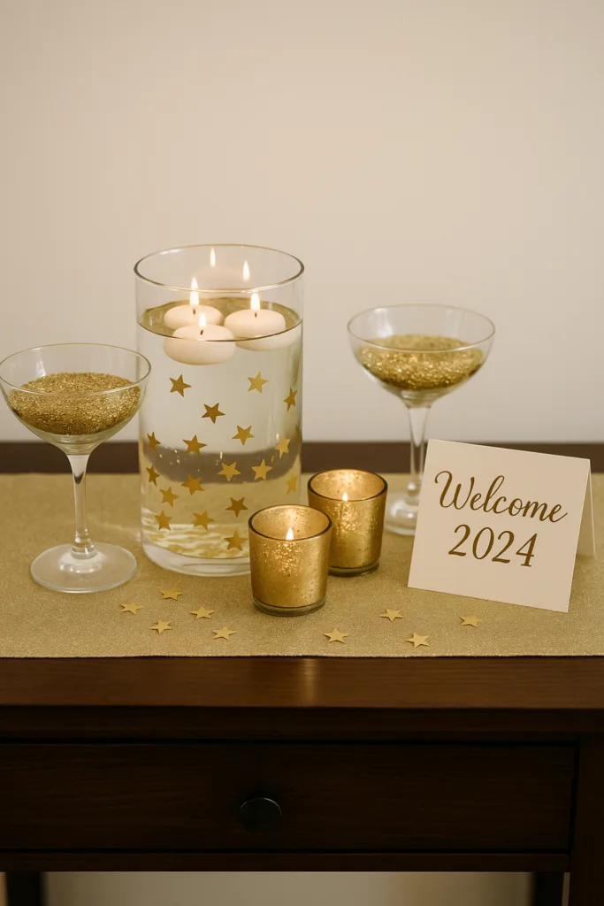 Silvesterdeko im Flur mit Kerzen, Goldsternen und schimmernden Gläsern