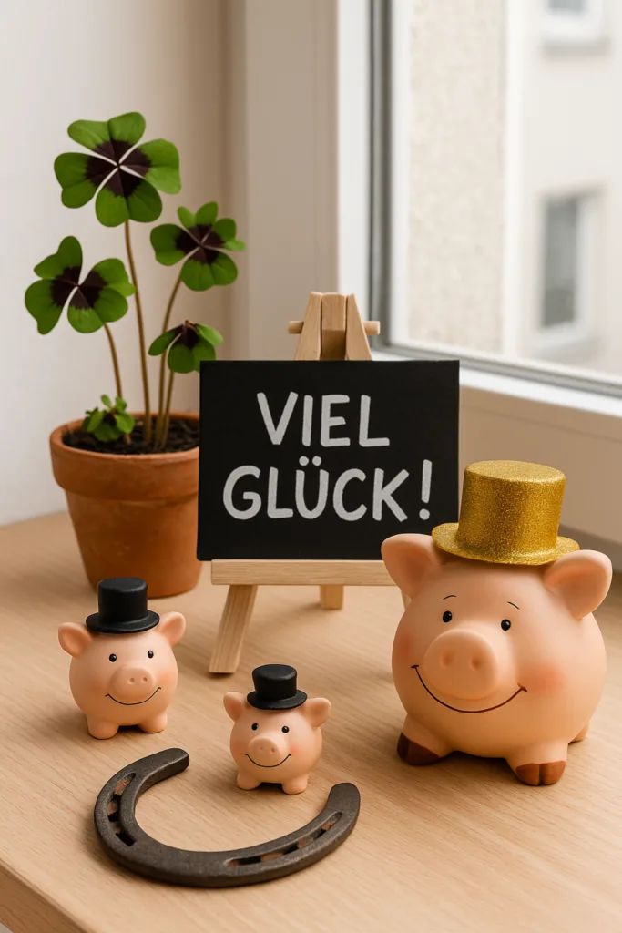 Silvesterdeko im Flur mit Glücksschweinen, Kleeblatt und Hufeisen auf Holztisch