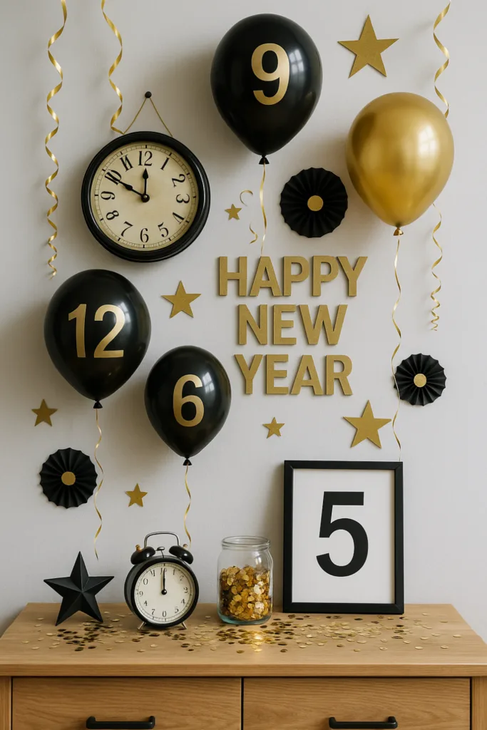 Silvesterdeko im Flur mit schwarzen Ballons, goldenen Sternen und Uhr-Countdown